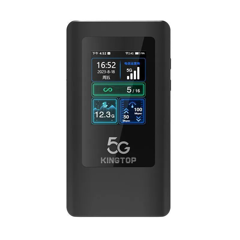 Black 5G portable Wi-Fi router showing LCD screen, size compared to a hand, with Type-C charging cable.