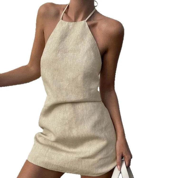 Women's solid colour linen A-line summer dress in picture colour, sizes S M L