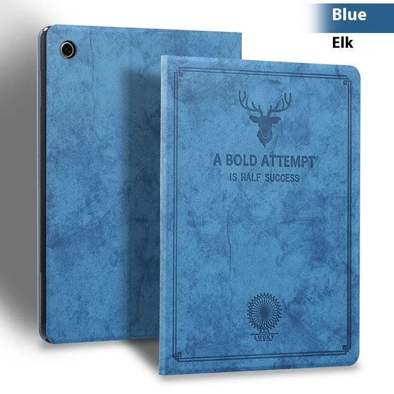Black deer pattern TPU leather clamshell case for Apple iPad showing soft shell protection