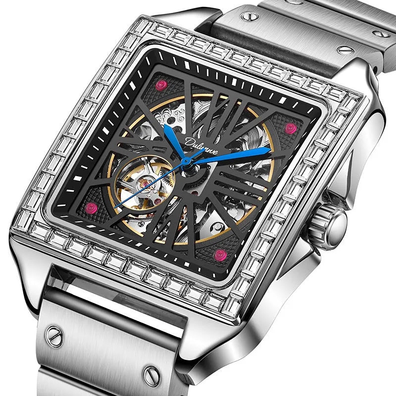 Square diamond-studded automatic watch for men with choice of black or white steel and leather straps