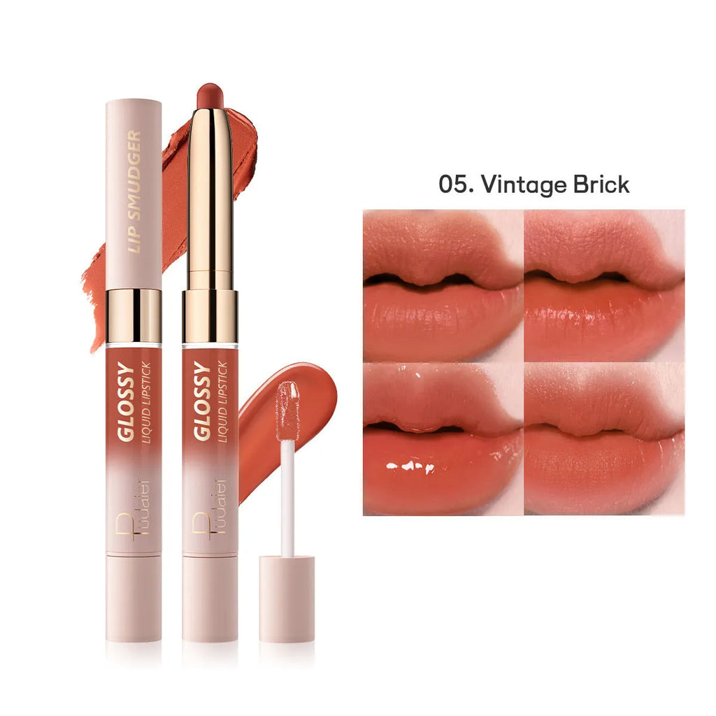 Double-headed lipstick and lip gloss set showing 10 colour options with dual-tip applicator design