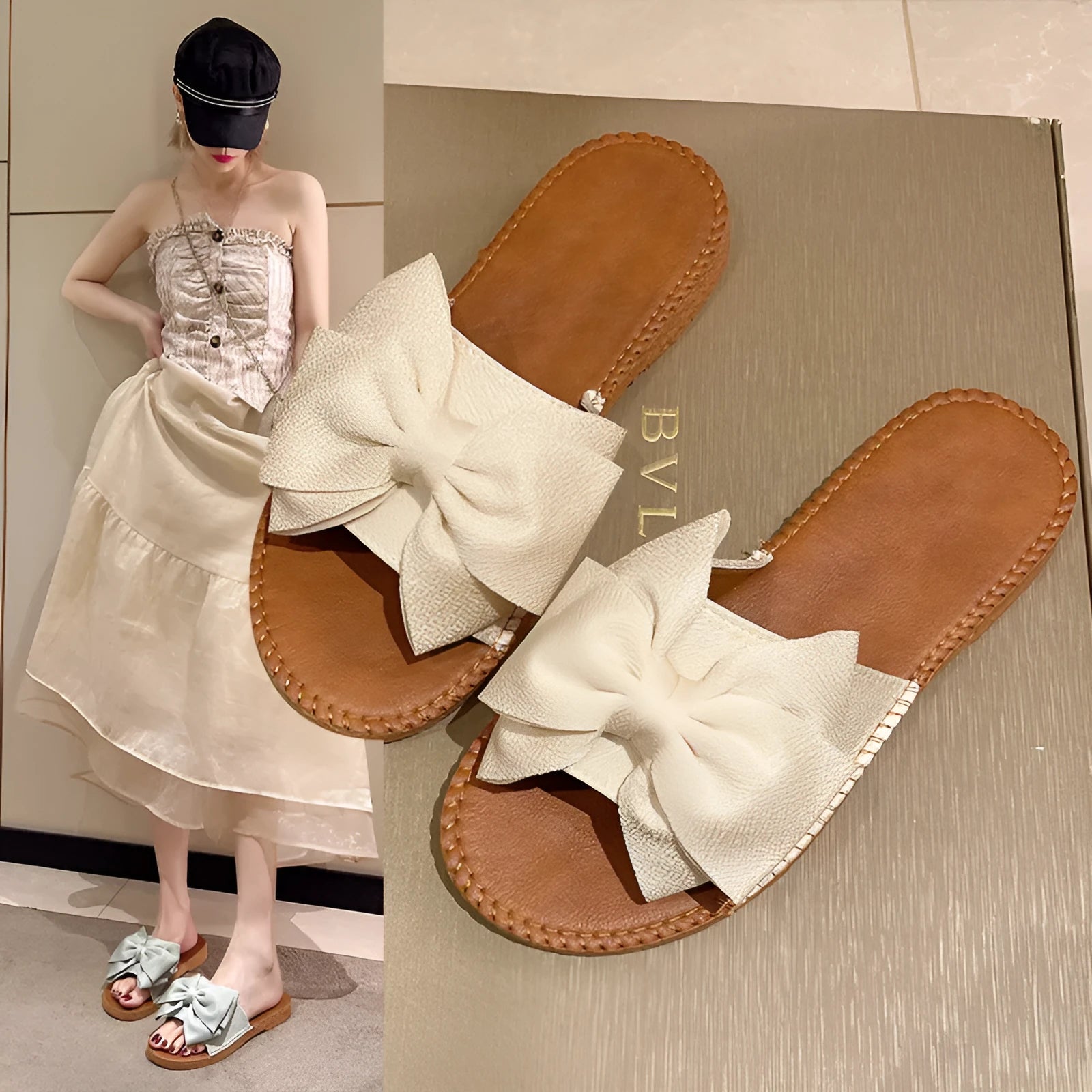 Women's slip-on suede sandals with bow, soft flat heel, beige colour, on casual setting