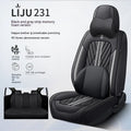Five-seat car seat cushion set in leather-look material with padded filling and decorative hemming stitching, close-up view