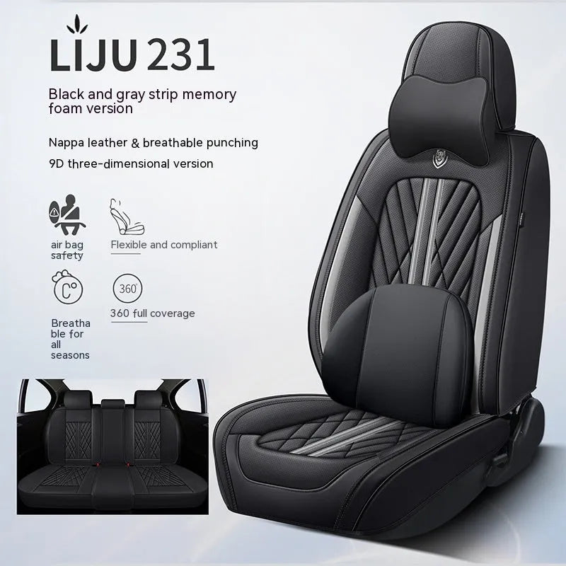 Five-seat car seat cushion set in leather-look material with padded filling and decorative hemming stitching, close-up view