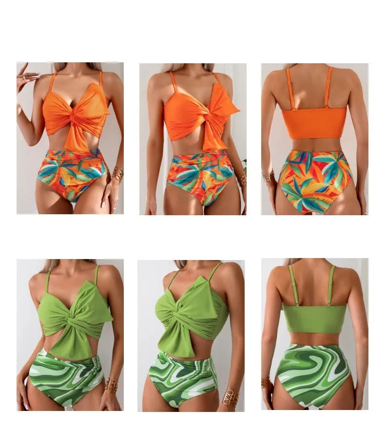 Women's big bow bikini print swim trunks set in nylon with orange colour option