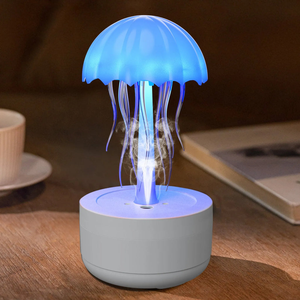 White jellyfish essential oil diffuser with 300ml tank and 7-colour night light on a desk