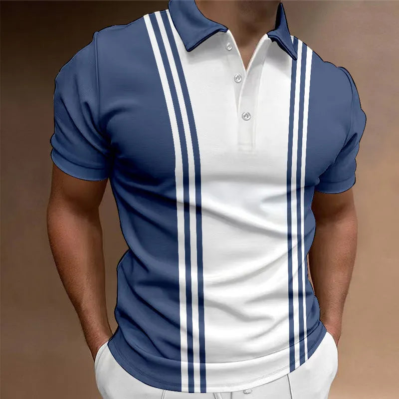 Casual men's T-shirt with three-button lapel in khaki colour, loose fit, short sleeves