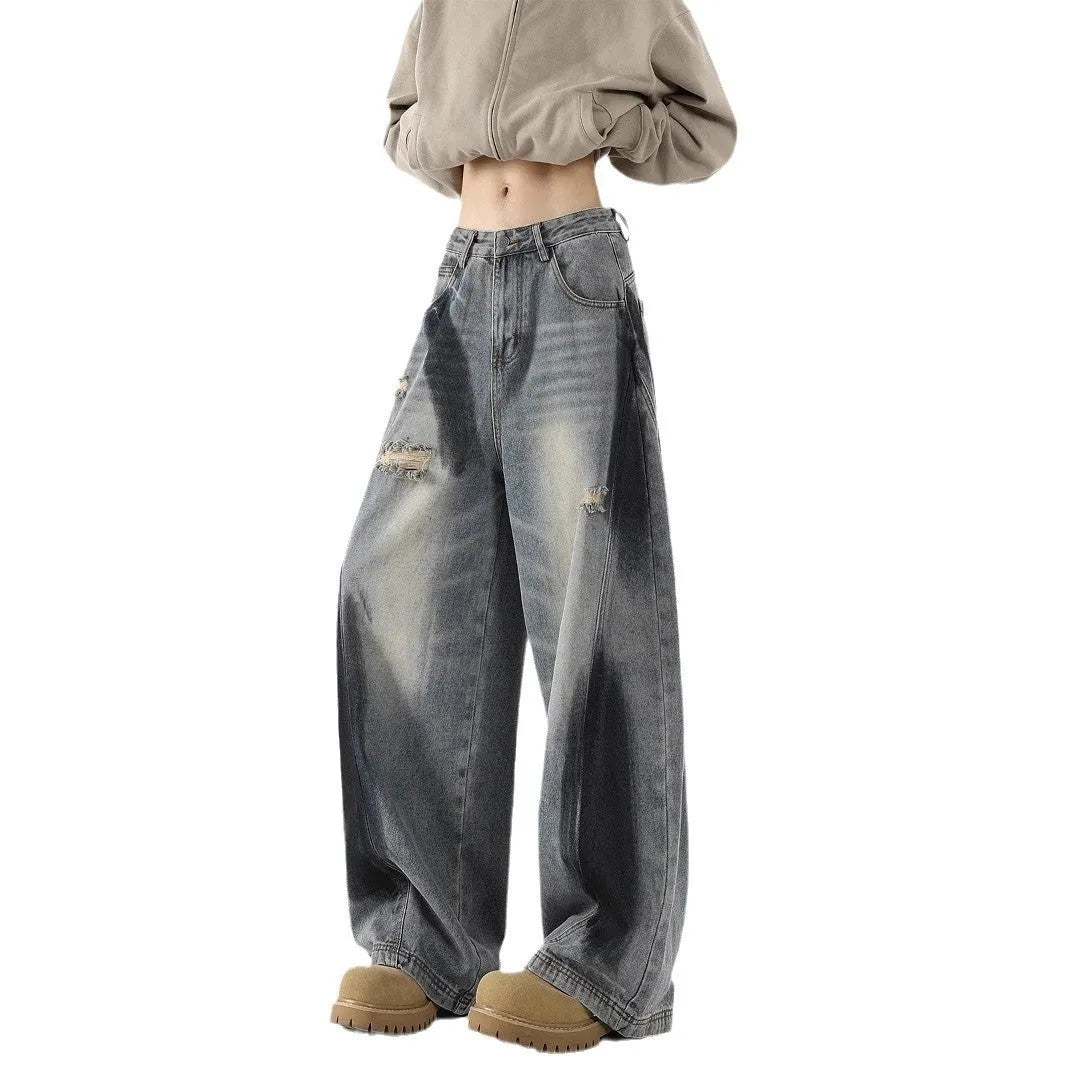 Men's blue American-style splash-ink ripped machete cotton jeans with micro elasticity