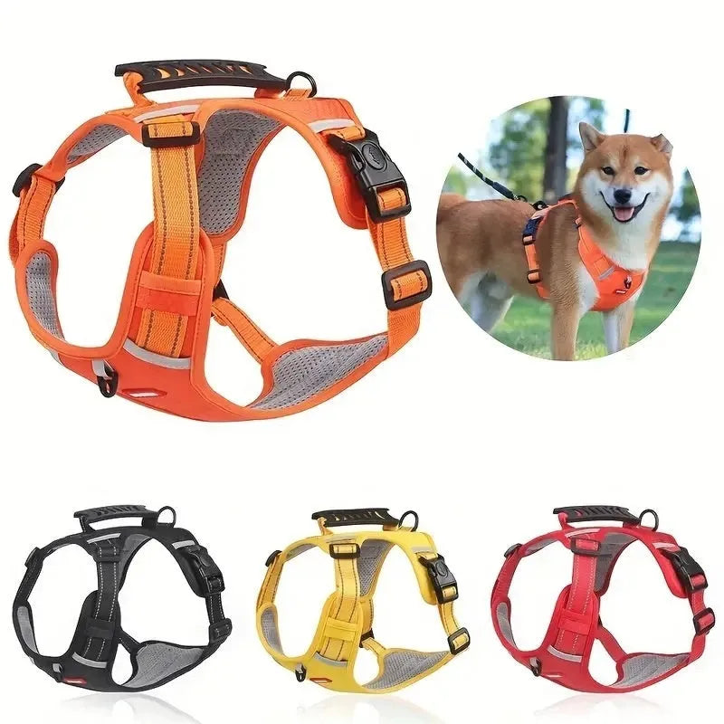Dog chest harness and lead set in multiple colours including black, yellow, red, orange, pink, and lake blue