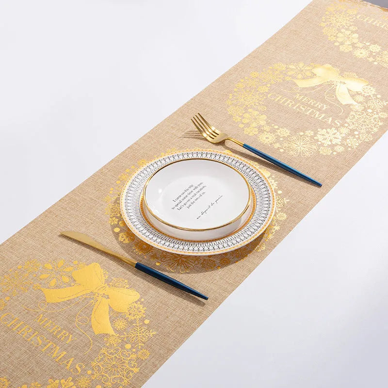 Christmas cotton linen table runner with elk and snowman design, 35x180cm