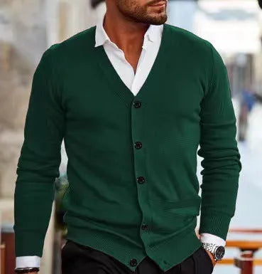 Men's slim fit acrylic cardigan in a dark grey colour, showing long sleeves and button front.
