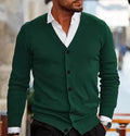 Men's slim fit acrylic cardigan in a dark grey colour, showing long sleeves and button front.