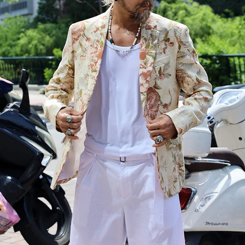 White casual printing suit top for men with long sleeves, polyester fabric, Asian sizing S-XXXL