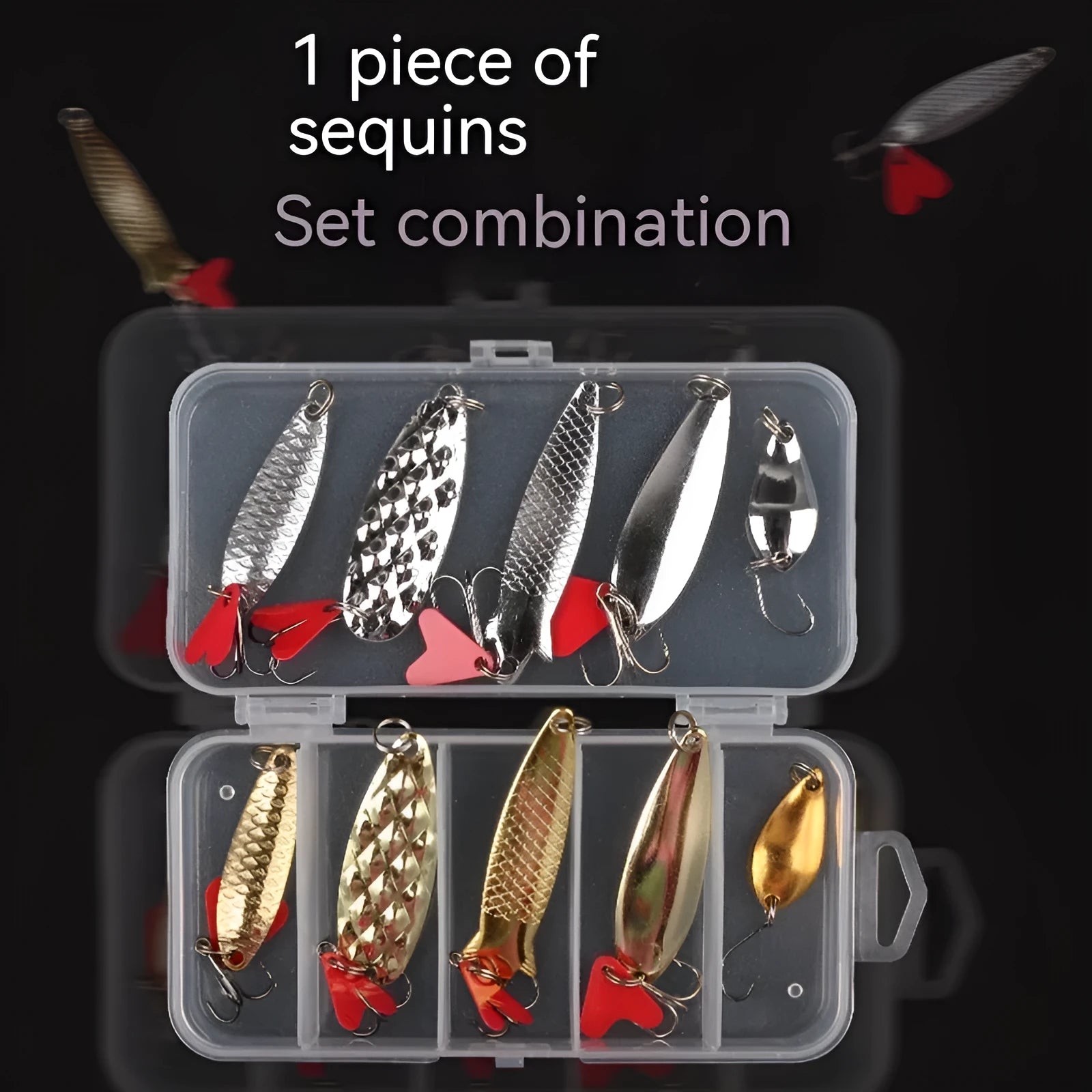 Metal pineapple sequins for fishing lure making in gold and silver colours with box packaging