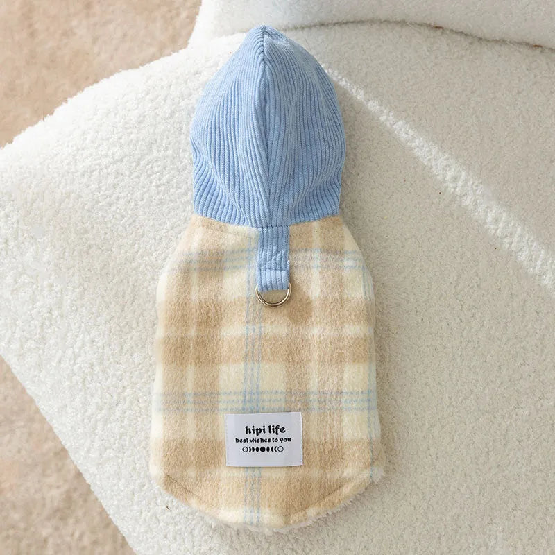 Blue corduroy dog hooded vest with chessboard grid pattern and traction hood