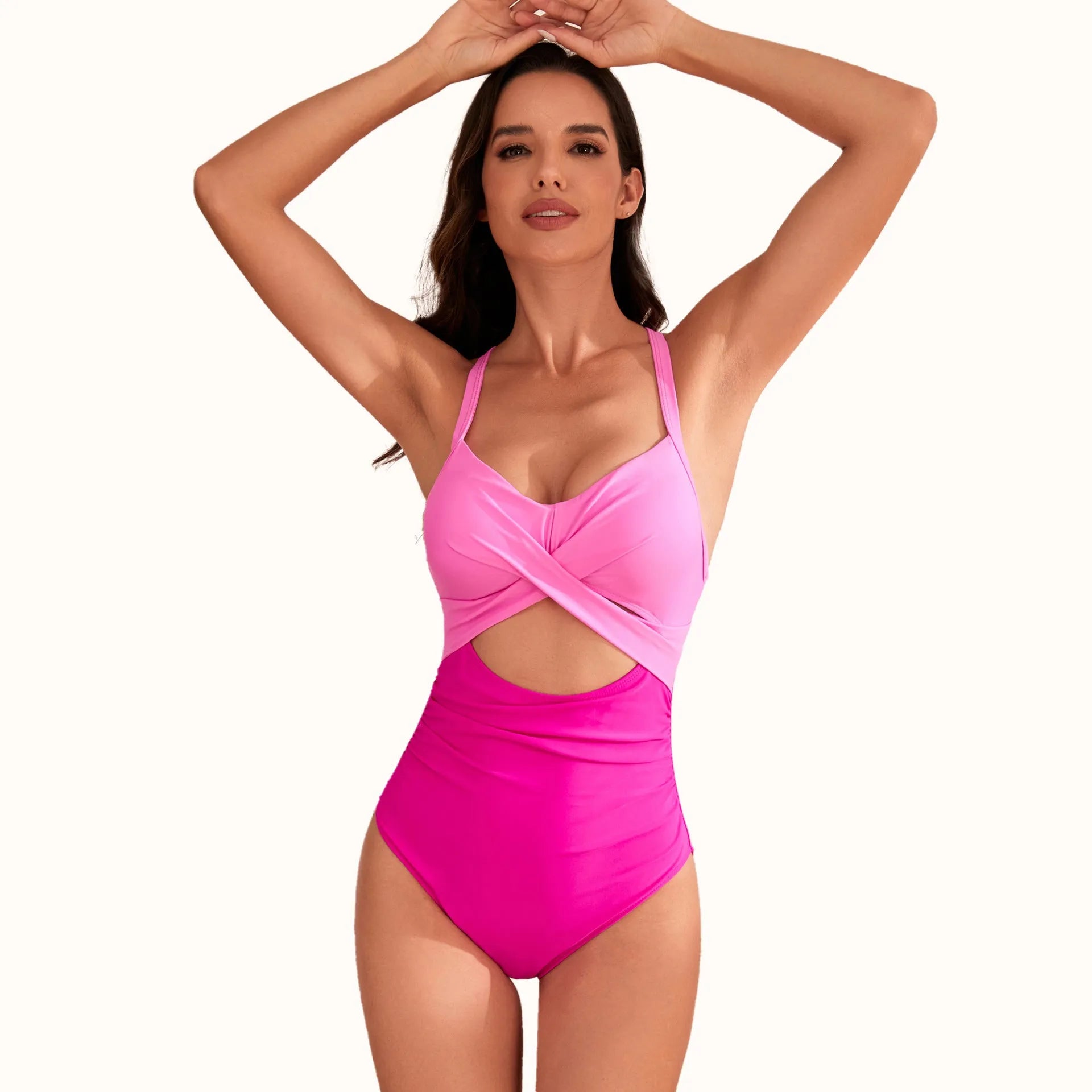 Hollow solid colour high-waist one-piece swimsuit for women with spandex lining, in Black