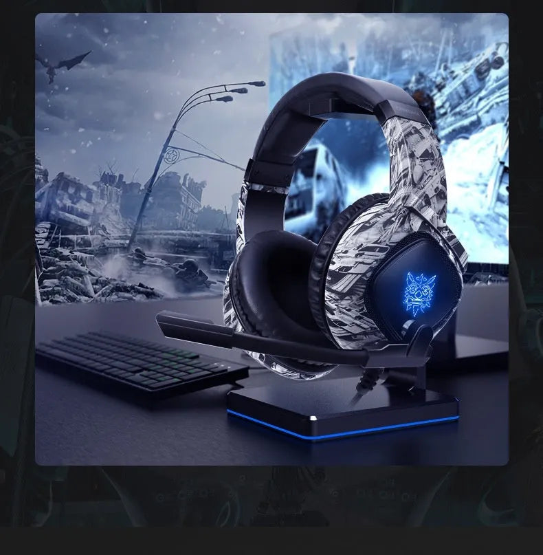 Camouflage grey wired RGB gaming headset with head-mounted design and 2.2 metre braided cable
