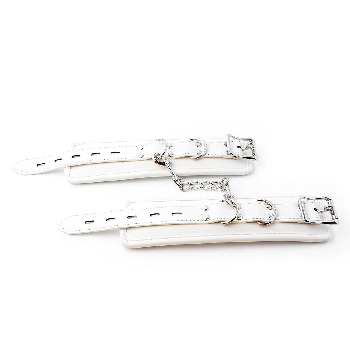White PU sponge bondage set showing handcuffs, foot cuffs, and a neck cuff on a neutral background.
