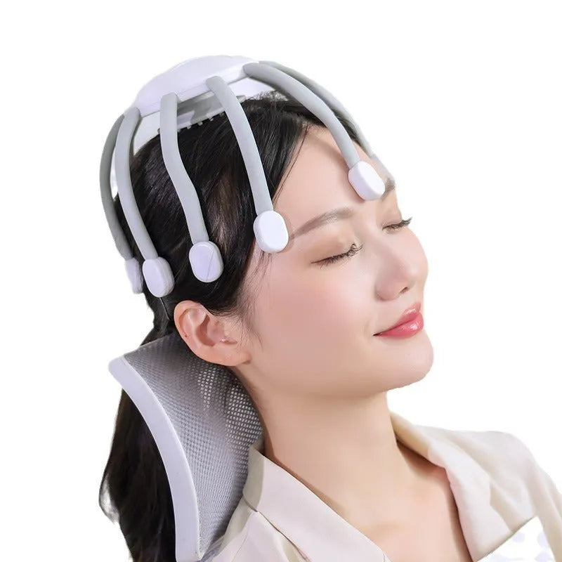 Black USB-powered electric head massager with multiple flexible claws on a white background.