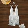 White women's deep V neck one-piece swimsuit with tassel detailing and brief style cut