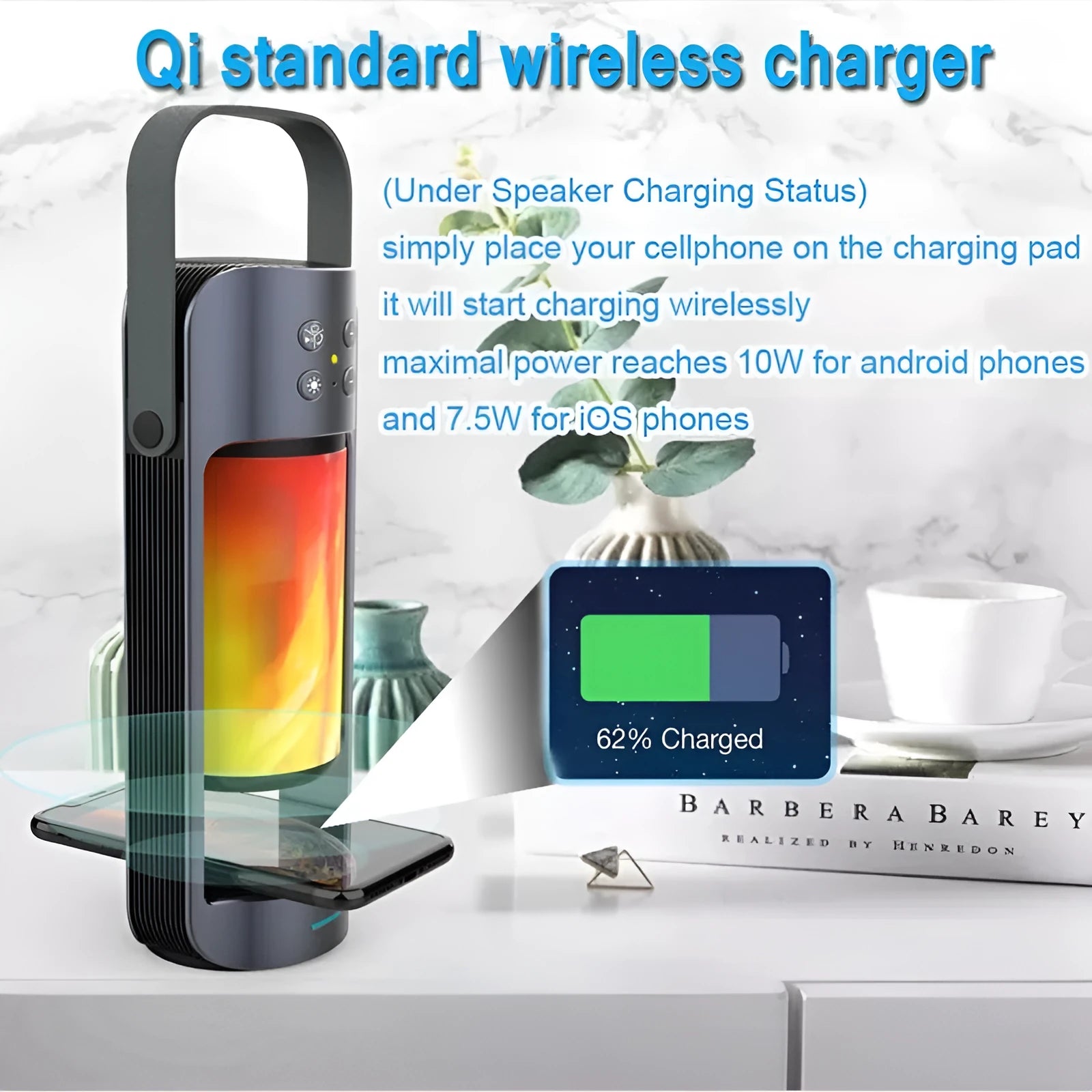 Portable Bluetooth speaker with warm yellow dancing flame light showing realistic campfire effect
