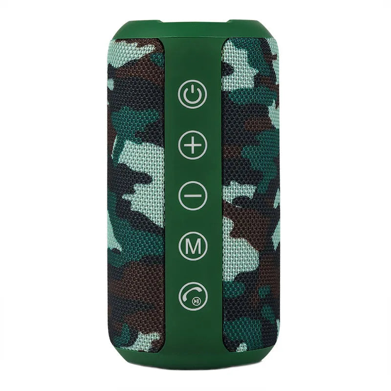 Outdoor waterproof portable Bluetooth speaker in black, camouflage, grey, or red colours with 20m range