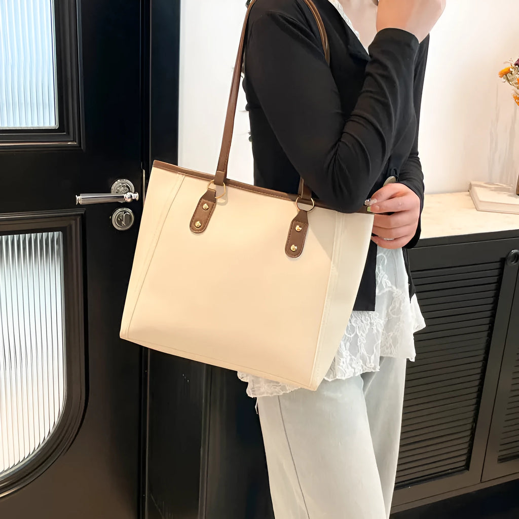 Korean style square PU leather shoulder underarm bag in neutral colours, showing sandwich pocket detail.