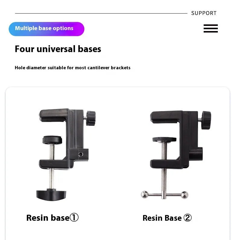 Black foldable metal desktop cantilever bracket holding a tablet, showing its adjustable arms and clamp.