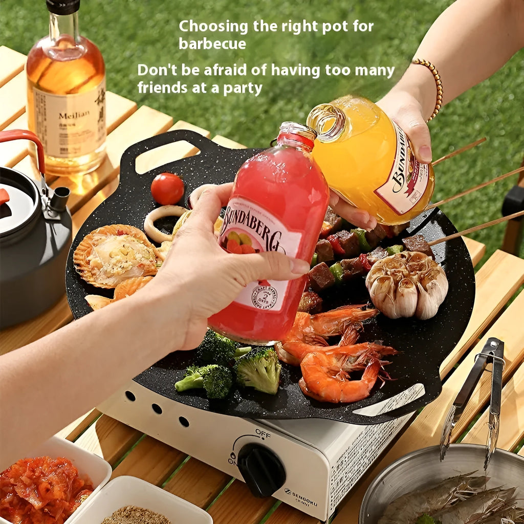 Round iron barbecue plate with non-stick surface, 24cm to 38cm size range