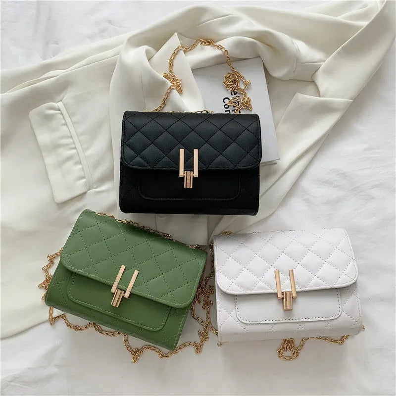 Minimalist PU crossbody bag with diamond lattice chain strap in solid colour