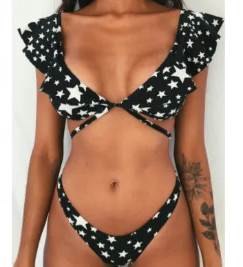 Women's split printed bikini set with yellow flowers, high elasticity nylon, backless retro dots design