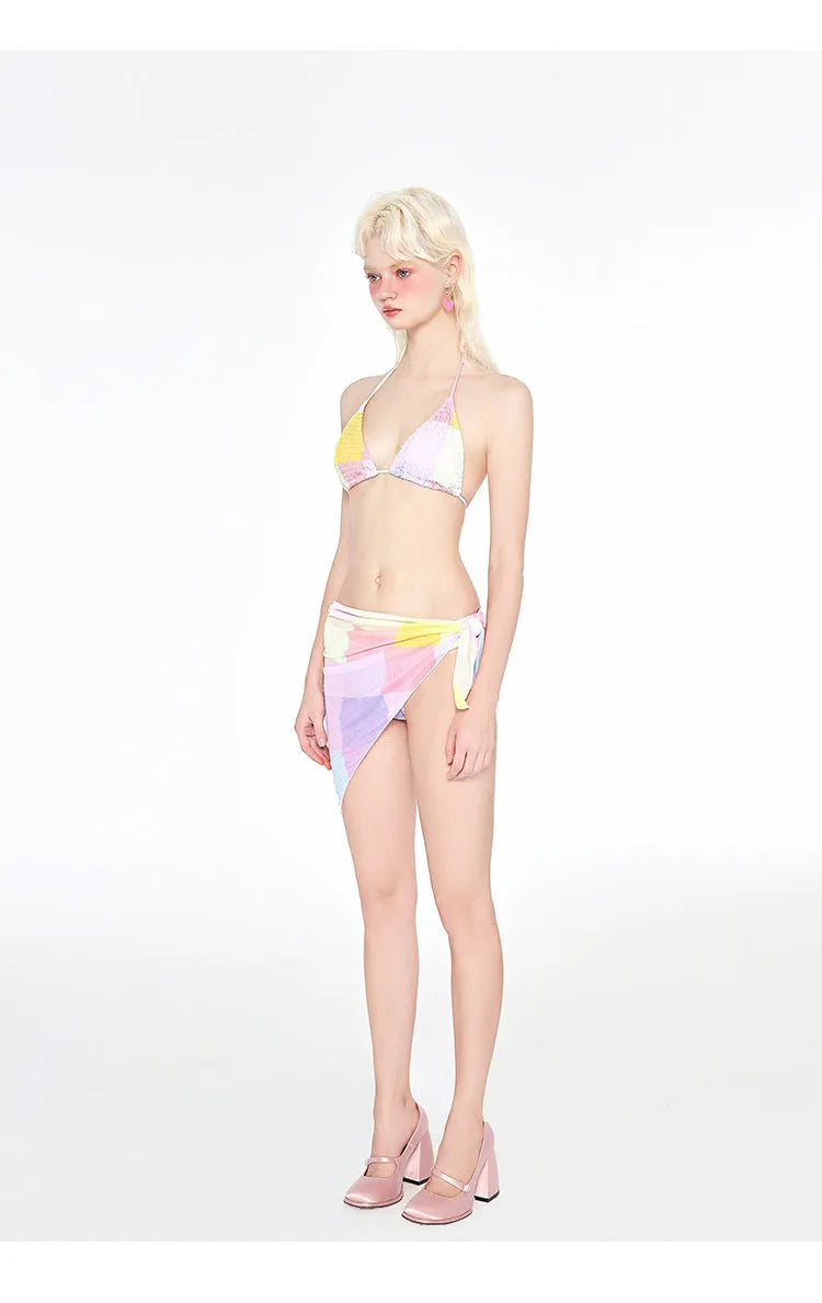 Rainbow Pink triangle bikini three piece swimsuit set with wireless cup and removable chest pads on beach