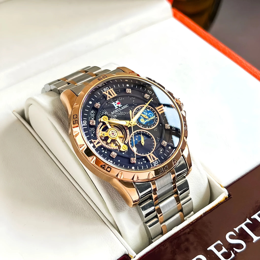 Men's automatic mechanical watch with rose gold shell and black dial showing 42mm diameter