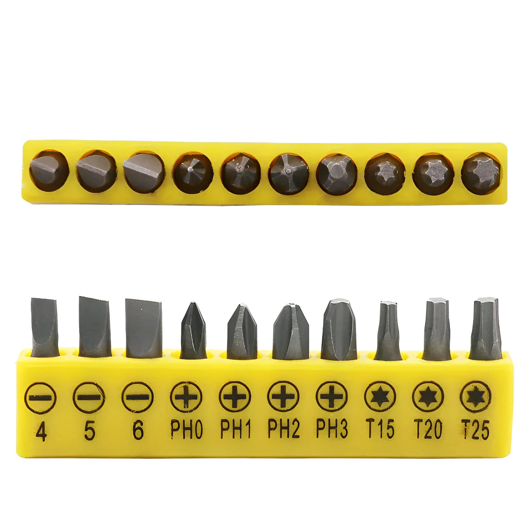 45# steel L-type double-headed socket wrench with ten screwdriver bits laid out on a workbench.