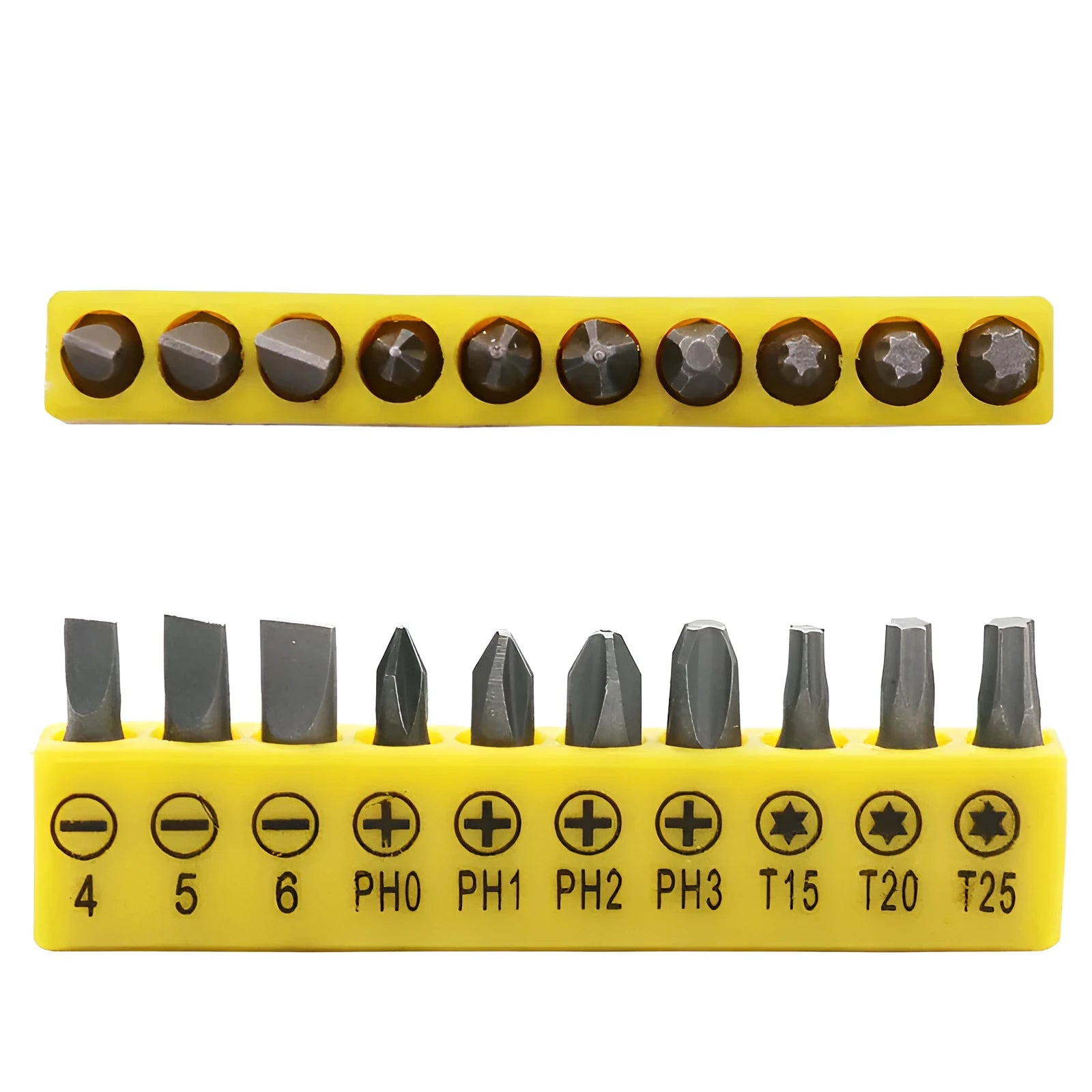 45# steel L-type double-headed socket wrench with ten screwdriver bits laid out on a workbench.
