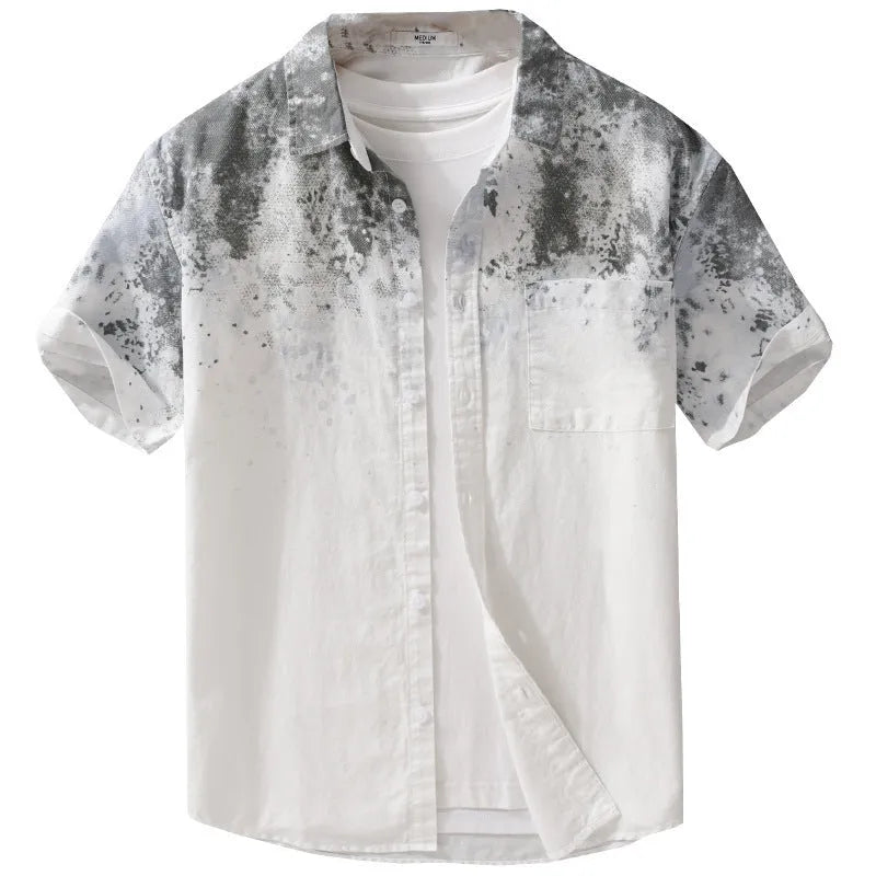 Menswear pure cotton hanging dyed short-sleeved shirt in green, loose cardigan-style fit, front view
