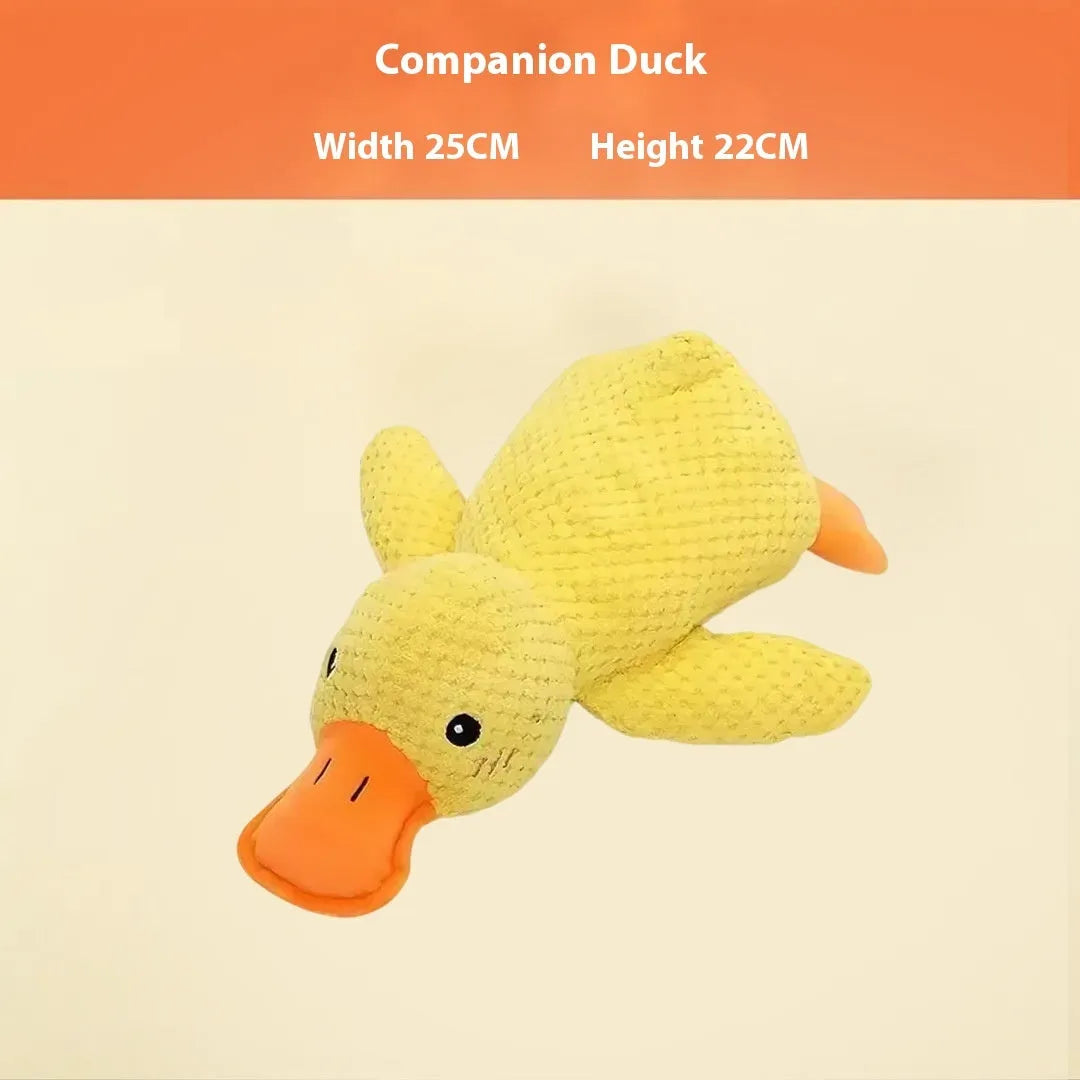 Assortment of soft plush pet toys: donkey, rechargeable duck, blue elephant, dizzy dog, and blink elephant.