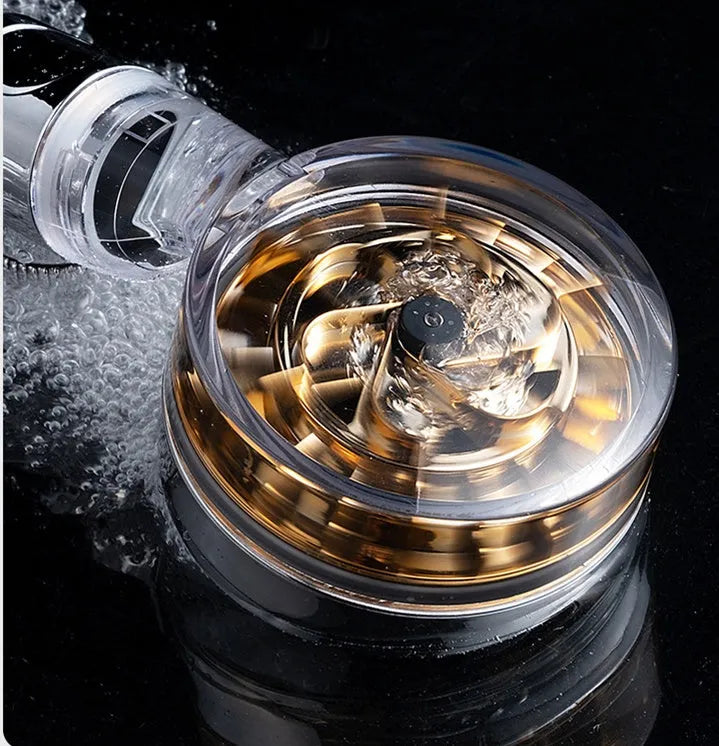 Pressurized turbo shower head with stainless steel panel and one-key stop button for water saving