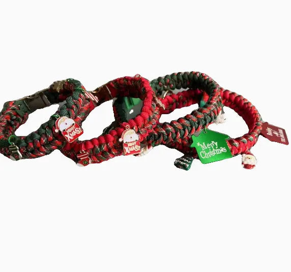 Hand holding rope P chain dog leash with green zinc alloy release buckle on a medium-sized dog