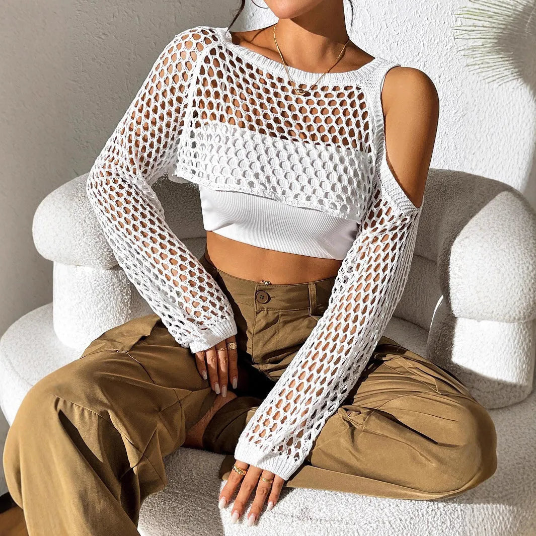 White mesh women's shirt with navel hollowed design for beach wear.