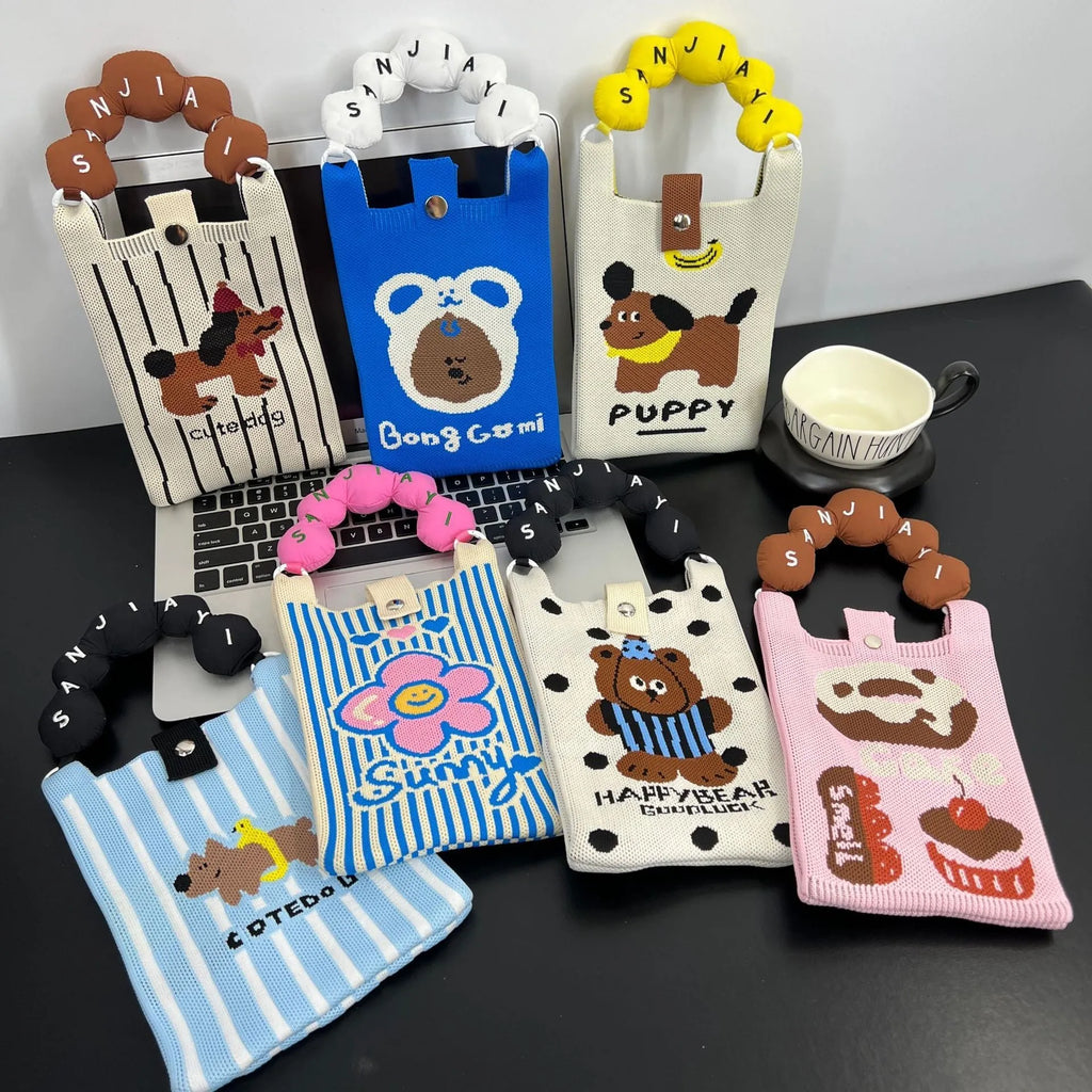 Cute cartoon knitted shoulder bag in polyester with woven texture, open pocket, and single strap