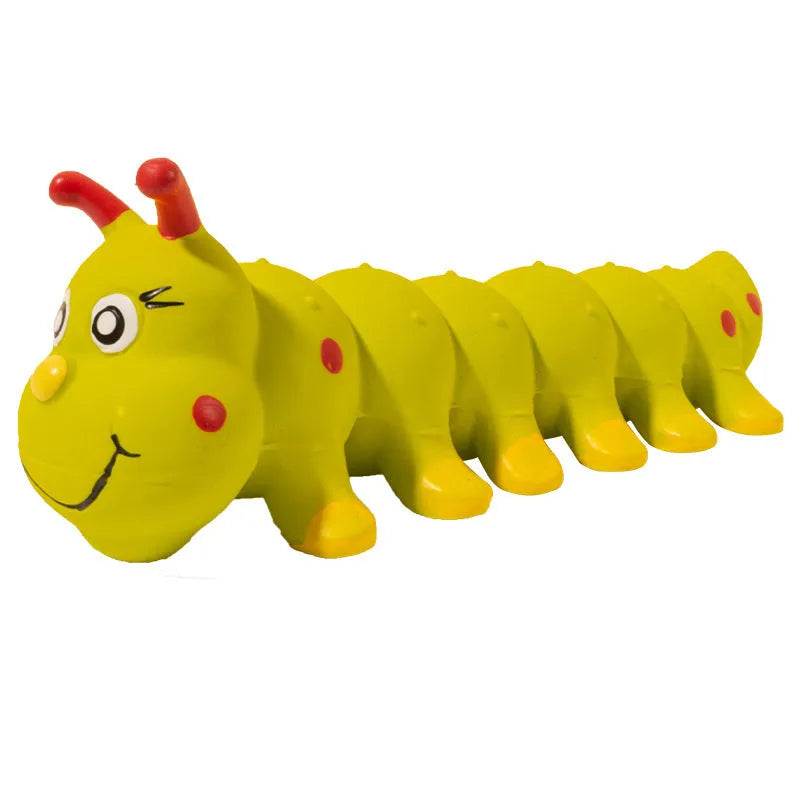Yellow rubber caterpillar squeaky dog toy measuring 25.5x9cm for small and medium dogs
