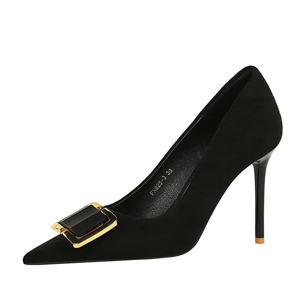 Black suede stiletto heels with 9CM super high heel and pointed toe shape for women