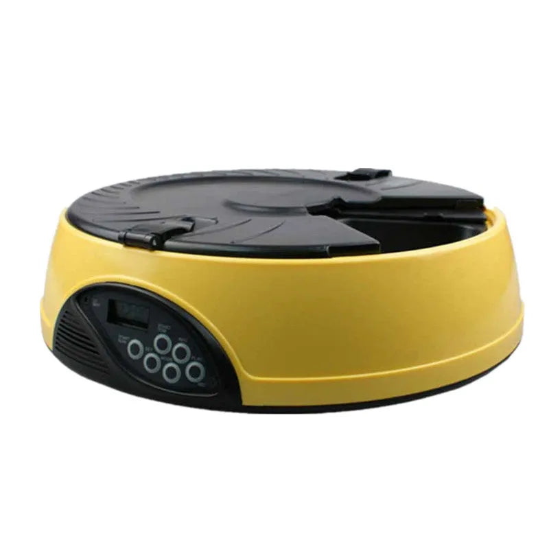 Pet automatic feeding machine in yellow with six food storage slots and display