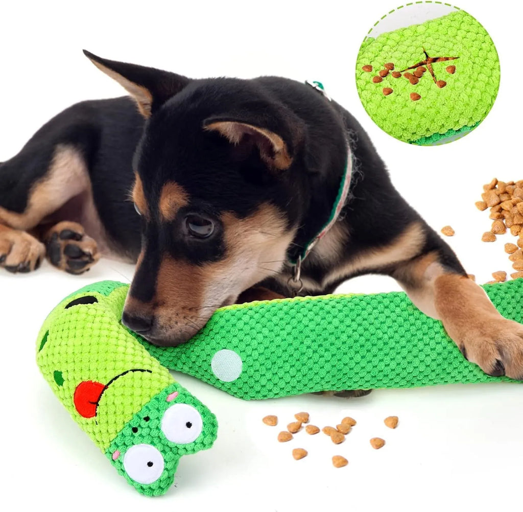 Squeak dog puzzle toy shown in snail and stick shapes with hidden food holes for foraging games