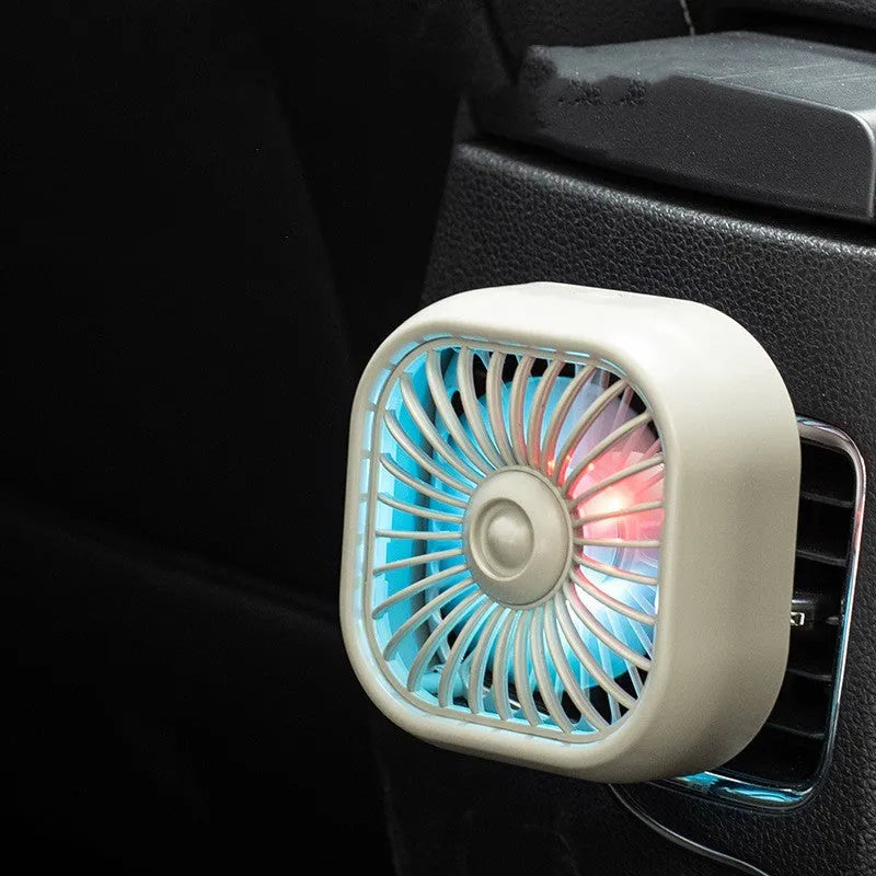 USB car fan in black with three speed settings for air outlet installation