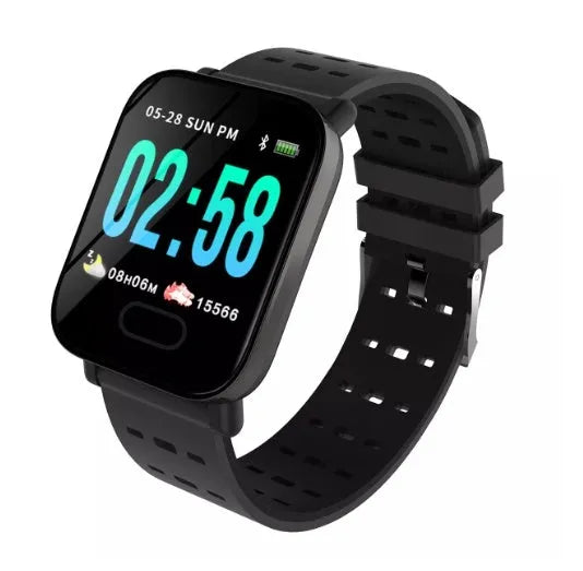 A6 smart bracelet with colour screen showing fitness metrics on wrist, available in black, blue, or orange silicone strap options