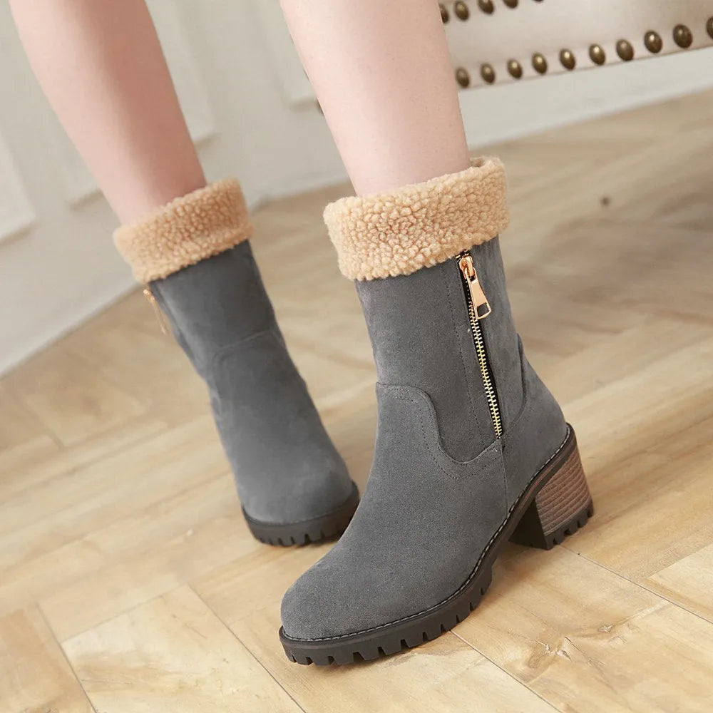 Ankle-high snow boots with a rubber sole and plush lining, shown in black, grey, green, and orange.