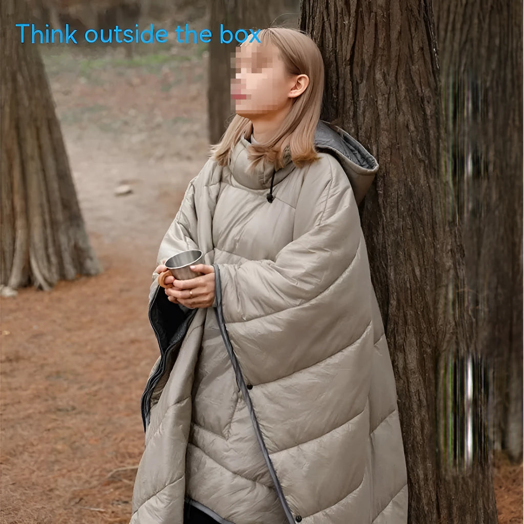 Army Green outdoor cloak sleeping bag worn as a cape, showing its 200cm length and nylon fabric.