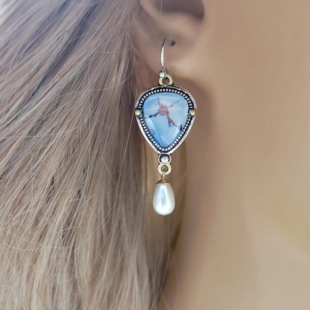 Retro blue drop earrings with geometric Bohemian design featuring synthetic opal and pearl accents